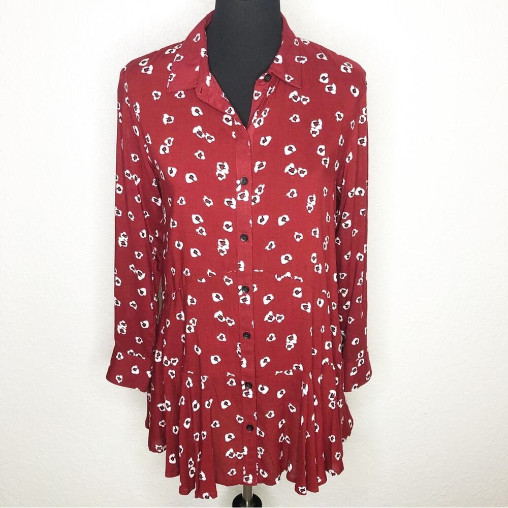 Anthropologie 11‎ 1 Tylho red white floral button down tunic top Extra Small XS